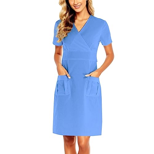 Damen Krankenschwester uniform Kurzarm Knielang Krankenschwester Kleider Damen Uniformkleid mit Taschen Schlank Pflege Arbeitskleid Hemdkleid Einfarbiges Overalls Krankenhaus Schönheitssalon Massage von ZYPAINIY