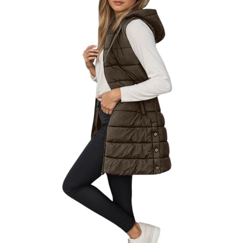 Damen Steppweste Lange Leichte Weste mit Kapuze Ärmellos Winterjacke Warm Übergangsweste Frauen Softshelljacke Mit Kapuze Leicht Ärmellos Jacke mit Reissverschluss Taschen Wintermantel Winterjacke von ZYPAINIY