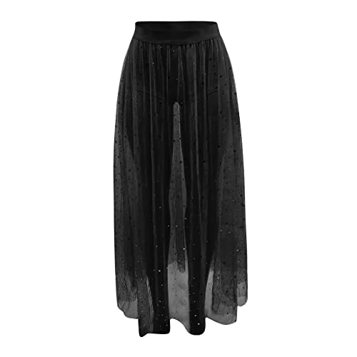 Glitzer Rock Damen A-Linie Elegant Festival Party Rock Mit Mesh Transparent Rock Mit Hose Drunter 2 In 1 Rock Frezeit Strand Clubwear Disco Maxi Röcke von ZYPAINIY