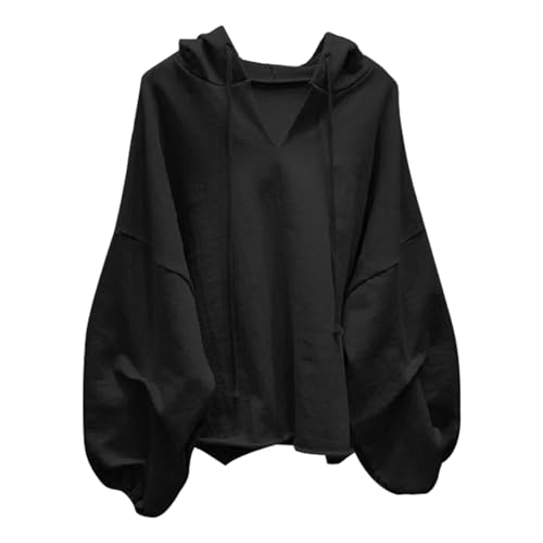 Hoodie Damen Oversize Kapuzenpullover Schwarz Sommer V Ausschnitt Langarm Hoody Boyfriend Passform Outdoor Leichte Pullover Einfarbig Drawstring Kapuzenpulli Basic Tunika Sweatshirt mit kapuze von ZYPAINIY