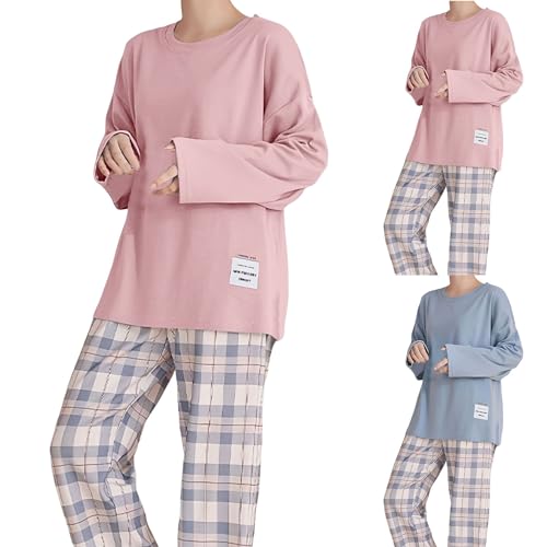 Schlafanzug Damen Pyjamas Set Langarm Nachtwäsche Set Zweiteiliger mit Damen Pyjamahose und Shirt Casual Elastischer Bund Sleepwear Soft Loungewear Hausanzug mit Karierte Hose von ZYPAINIY