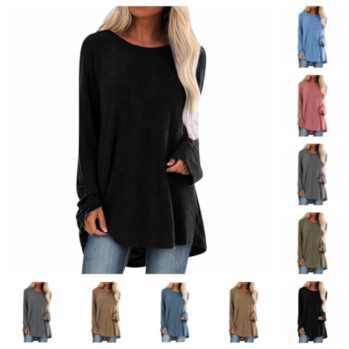 ZYPAINIY Longshirt Damen Langarm Oversize - Basic Langarmshirt Pullover Tunika Rundhalsausschnitt V-Ausschnitt Langarmshirt Oberteil Lässige Einfarbig Tops Frühjahr Sommer Baumwolle Blusen Longsleeve von ZYPAINIY