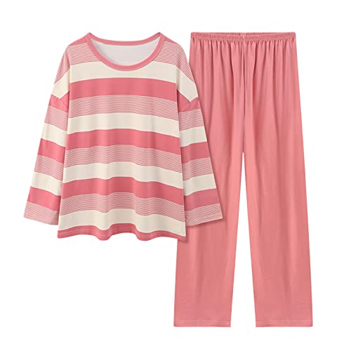 Schlafanzug Damen Lang Pyjama Set Zweiteiliger Streifen Schlafanzug Winter Sleepwear Nachtwäsche Baumwolle mit Taschen Rundhals von ZYPAINIY