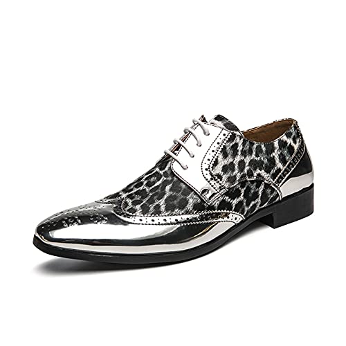 Formelle Schuhe for Herren, for Schnüren, Patchwork-Brogue, Flügelspitzen, runde Zehenpartie, Lackleder, niedrige Spitze, rutschfest, rutschfest, Blockabsatz, Business ( Color : Silber , Size : 40 EU von ZYPHYR