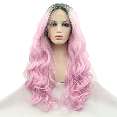 Perücke for Frauen, lange lockige Wellenperücken for Frauen, flauschiges Ombre-Rosa mit dunklen Wurzeln, Cosplay-Perücke mit synthetischer Spitze, perfekt for den Alltag von ZYPHYR