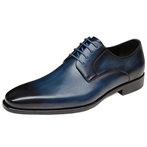 ZYPHYR Anzugschuhe for Herren, Schnürschuhe, runde, brünierte Zehenpartie, Derby-Schuhe, Leder, rutschfest, Blockabsatz, rutschfest, Low-Top-Party (Color : Blau, Size : 42 EU) von ZYPHYR