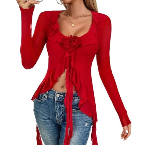 T-Shirts für Damenoberteile Damen Bluse Tops Temperament U-Ausschnitt Spitze Mesh Langarm Bluse Frühling Sommer Y2k(Red,L) von ZYSWCHB