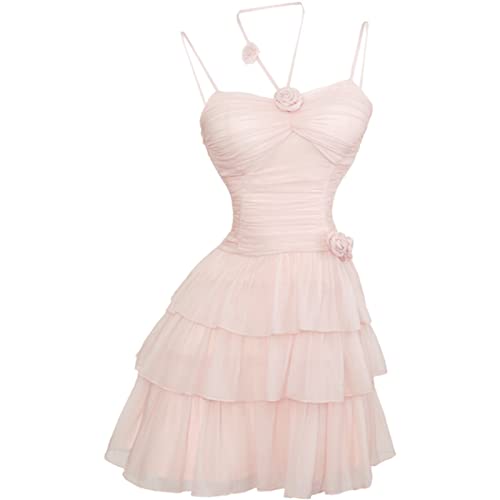 ZYSWCHB Elegantes süßes rosa Neckholder-Kleid, lässiges gerafftes Design, kurzes Y2k-Partykleid, schlankes 2-teiliges Kleiderset (Color : Only Mini Dress, Size : XL) von ZYSWCHB