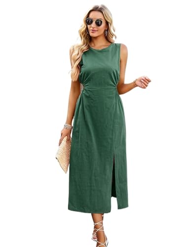 ZYSWCHB Freizeitkleid für Damen Einfarbig Kleid Lange Ärmellose Weste Rock Sommer Temperament Taille Cinching(Green,M) von ZYSWCHB