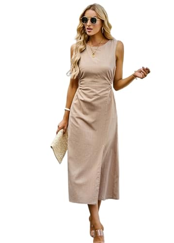 ZYSWCHB Freizeitkleid für Damen Einfarbig Kleid Lange Ärmellose Weste Rock Sommer Temperament Taille Cinching(Khaki,M) von ZYSWCHB