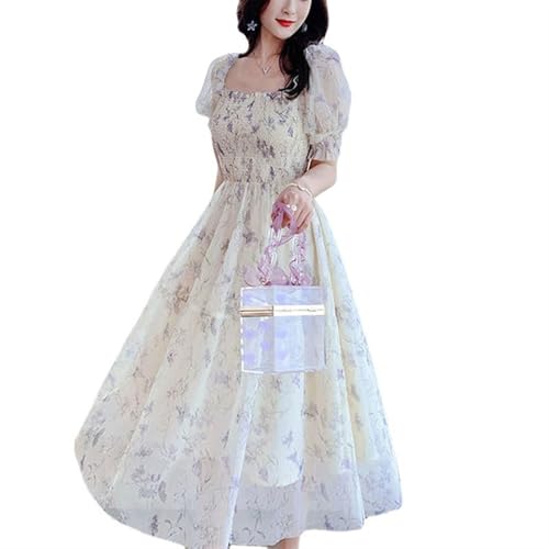 ZYSWCHB Freizeitkleid für Damen Kleid mit Blumenmuster in französischer Tuschemalerei, Puffärmel, süßer mittellanger Rock(S) von ZYSWCHB