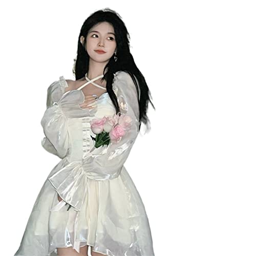 ZYSWCHB French White Fairy Elegant Kleider Damen Sweet Sen Kawaii Y2K Dress Party Lolita Einteiliges Kleid (Color : White Dress, Size : L) von ZYSWCHB