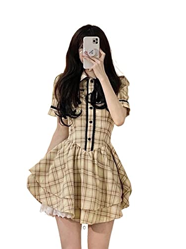 ZYSWCHB Kawaii Kariertes Kleid Damen Minikleid Kurzarm Gelb Lolita Puffärmel Sommerkleid (Color : Yellow, Size : M) von ZYSWCHB