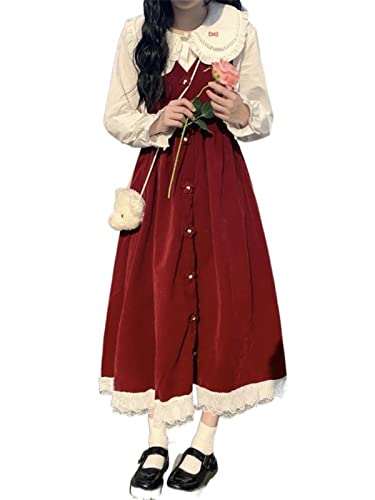ZYSWCHB Kawaii Kleid Anzug japanische Lolita Kleider Spitze Patchwork süßes zweiteiliges Langarmshirt (Color : Red, Size : M) von ZYSWCHB