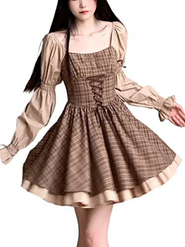 ZYSWCHB Kawaii Party Lolita Kleid Frauen Kausalen Langarm Y2k Mini Kleid Weibliche Plaid Dünnes Einteiliges Kleid (Color : Coffee, Size : S) von ZYSWCHB
