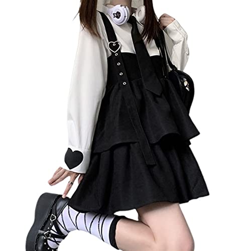 ZYSWCHB Kawaii Schwarz Rüschen Lolita Kleid Frauen Herbst Japanische Ärmellose Träger Niedlichen Minikleid Adretten Stil (Color : Black, Size : M) von ZYSWCHB