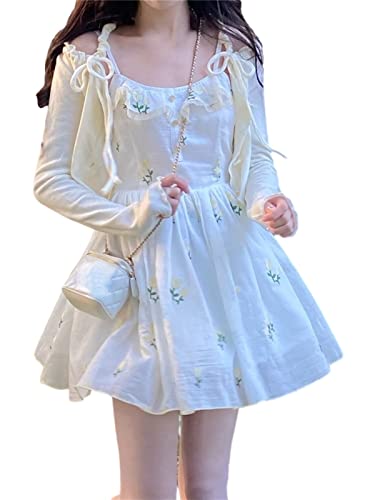 ZYSWCHB Kawaii Sweet Party Minikleid Damen Floral A-Linie Lässiges Feenkleid Prinzessin Trägerkleid (Color : Only White Dress, Size : S) von ZYSWCHB