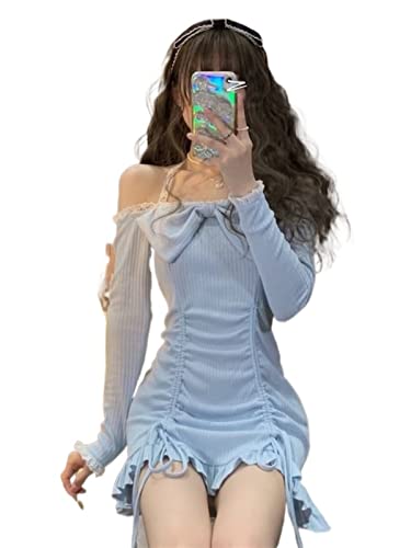 ZYSWCHB Kleid Frauen Kawaii süße Kleider Rüschen Lolita Short Lace Robe Kleid weiblich 2023 Frühling (Color : Blue, Size : L) von ZYSWCHB