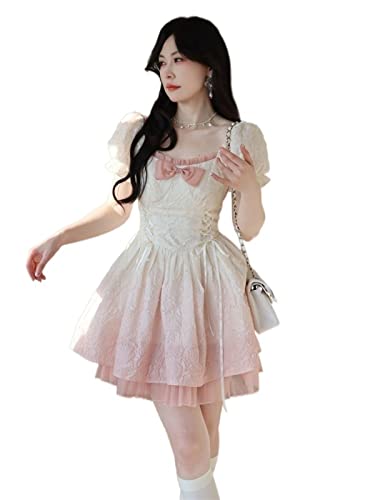 ZYSWCHB Lolita Kawaii Y2k Mini Frau Kleid Kurzarm Vintage Kurzes Partykleid Einteilige Süße Koreanische Mode 2023 Sommer Chic Kleid (Color : Mini Dress, Size : L) von ZYSWCHB