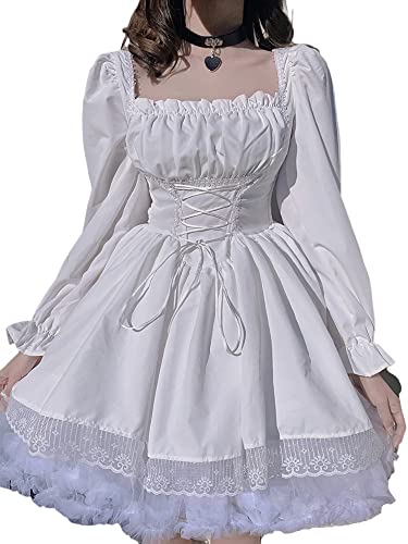 ZYSWCHB Lolita-Kleid for Damen – Weiße Prinzessin mit Puffärmeln Sweet Beauty Lolita-Kleid mit französischem Spitzenrock (Color : White, Size : L) von ZYSWCHB