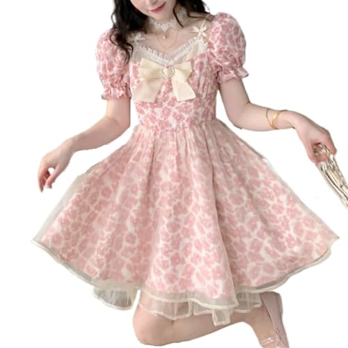 ZYSWCHB Lolita Partykleid Frauen Spitze Minikleid Japanisch Kawaii süße Prinzessin süßes rosa Kleid (Color : Pink, Size : S) von ZYSWCHB