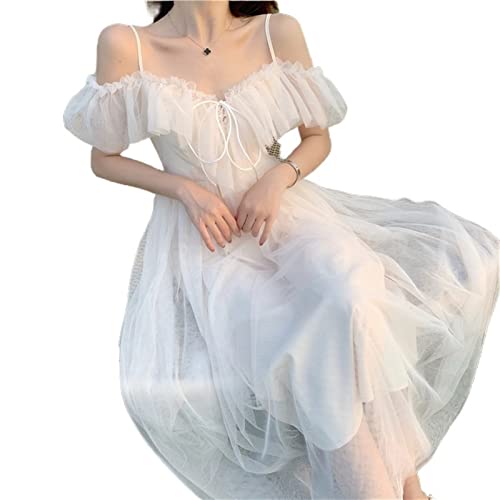 ZYSWCHB Lolita Style Mesh Rüschen Slash Neck Off Shoulder Lace Up Damen Sommer Weiß Süßes Kleid (Color : WIHTE, Size : M) von ZYSWCHB