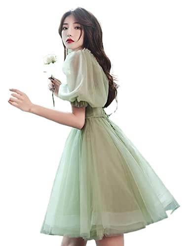 ZYSWCHB Puff Sleeve Green Princess Dress Damen Kleid Kurzer Rock Dünnes High-End Elegantes Kleid Weiblicher Sommer (Color : Green, Size : XXL) von ZYSWCHB