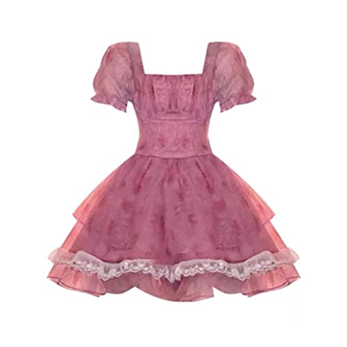 ZYSWCHB Rosa florales kurzes Partykleid Spitze Puff Fee Kawaii Kleidung Minikleid Mode Lolita Kleid (Color : Pink, Size : S) von ZYSWCHB