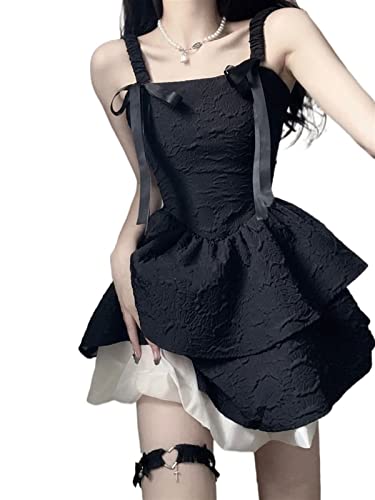 ZYSWCHB Schwarzes Kleid mit Schleife und Taillengurt, französisches Sommerkleid, elegantes Party-Minikleid, süßes Lolita-Modekleid (Color : Black Dress, Size : M(45kg-52kg)) von ZYSWCHB