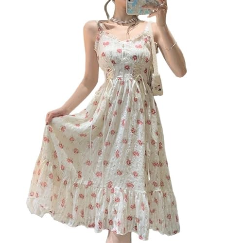 ZYSWCHB Sommer 2023 Französisch Elegantes Trägerloses Kleid Frauen Floral Party Strand Vintage Kleider Büro Dame Fairy Lolita Süßes Midikleid (Color : Strap Dress, Size : M) von ZYSWCHB