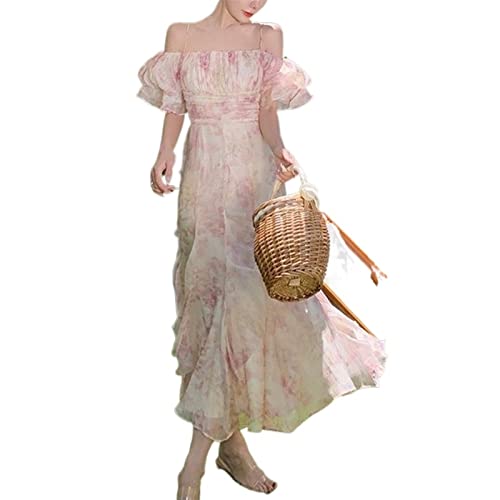 ZYSWCHB Sommer Elegant Sweet Sen Midikleid Korean Y2K Schulterfrei Blumenkleid Chiffon Beach Party Dress (Color : Pink, Size : S) von ZYSWCHB