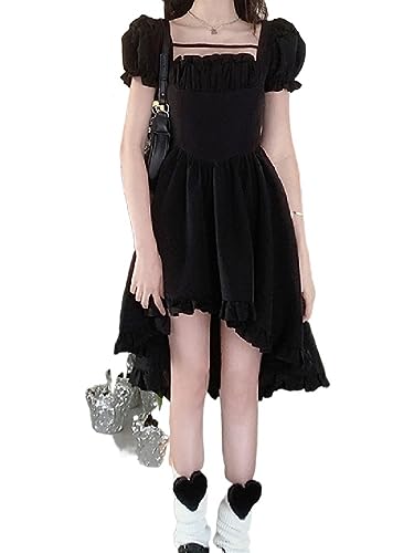 ZYSWCHB Sommerkleid Schwarzes Vintage Gothic Damen Schleife Prinzessin Kleid Samtkleid Fee Quadratischer Kragen Puffärmel (Color : Black, Size : XL) von ZYSWCHB