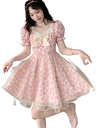 ZYSWCHB Spitze Lolita Print Kleid Frauen Französisch Y2K Süße Party Mini Kleider Rosa Schleife Sommer Floral Kawaii Kleid (Color : Pink, Size : L) von ZYSWCHB