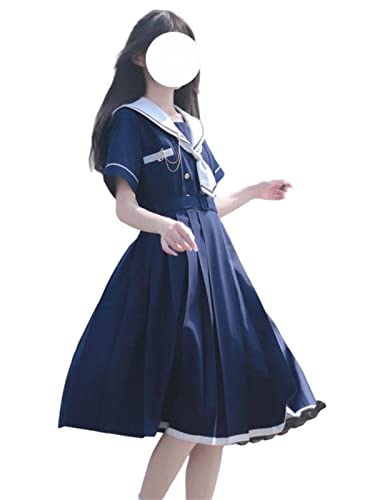 ZYSWCHB Süße Frau Kleid Matrosenkragen Kawaii weibliche Robe Lolita Kleider Sommer süße Frauen (Color : Navy and Belt, Size : S) von ZYSWCHB