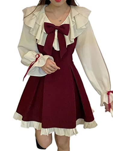 ZYSWCHB Süßer süßer Anzug for Frauen, Kawaii, Rüschen, Schleife, Langarm-Shirt, rotes Unterkleid, plissierte Robe (Color : Suit, Size : XL) von ZYSWCHB