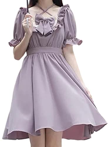 ZYSWCHB Süßes Kawaii Lolita Kleid Damen Japanische Süße Rüschen Wrap Puff Sleeve Halfter Kurze Kleider (Color : Purple, Size : L) von ZYSWCHB