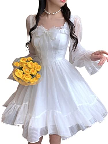 ZYSWCHB Weiß Kawaii Kleid Frauen Chiffon Lolita Langarm Minikleider Bogen Fee Robe Rüschen (Color : White, Size : M) von ZYSWCHB