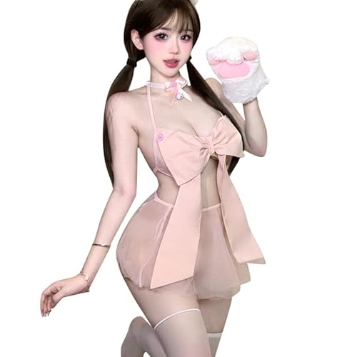 ZYTC Damen Anime Unterwäsche Cute Halter Bowknot BH und Mesh Mini Rock Outfits Perspektive Rosa Lolita Unterwäsche Kawaii Bikini von ZYTC