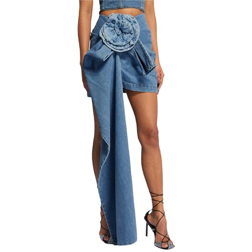 Kurzer A-Linien-Jeansrock Für Damen Einfacher Blauer Retro-Jeansrock Dreidimensionaler Rosenblumenrock,Blau,M von ZYTECO