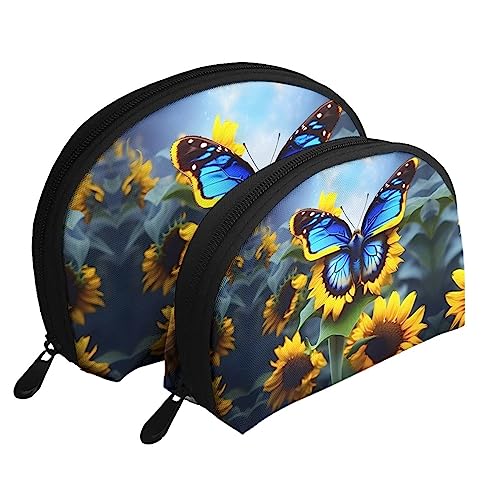 Sonnenblume Blau Schmetterling Tragbare Taschen Kupplung Beutel, Mutter Und Kind Aufbewahrungstasche, Shell Form Münze Große Kapazität Geldbörse Lagerung Für Kosmetik, Kleine Alltagsgegenstände, von ZYVIA