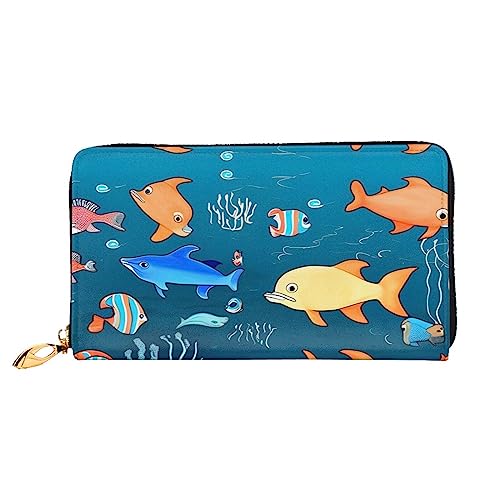 ZYVIA Blue Underwater World of Fish Ledergeldbörse, lange Clutch, weiches Material, Reißverschluss-Design, Anti-Verlust-Geld, 12 Bankkartenfächer, leicht, wasserdicht und langlebig für das stilvolle von ZYVIA