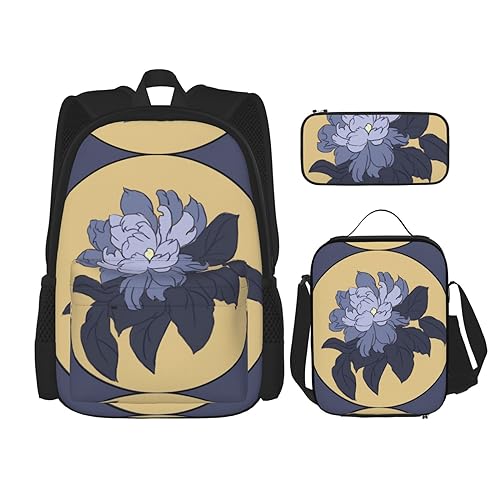 ZYVIA Cartoon Pfingstrose Blume 3-teilige Tasche Rucksack Mittagessen Tasche und Bleistift Beutel Set Stark und Verschleißfest Große Kapazität für Schulen Bergsteigen Training, Schwarz , Einheitsgröße von ZYVIA