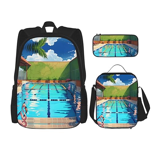 ZYVIA Flamingo und Schwimmbad 3-teiliges Taschen-Rucksack Mittagessen Tasche und Federmäppchen Set Stark und Verschleißfest Große Kapazität für Schulen Bergsteigen Training, Schwarz , Einheitsgröße von ZYVIA