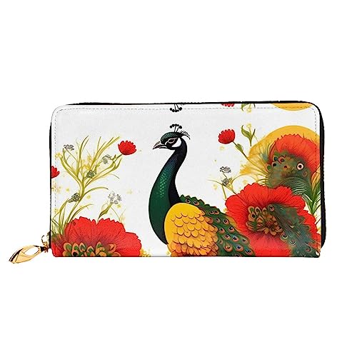 ZYVIA Geldbörse aus Leder, Pfauenrote Blume, lange Clutch, weiches Material, Reißverschluss-Design, Anti-Verlust-Geld, 12 Bankkartenfächer, leicht, wasserdicht und langlebig für das stilvolle Mädchen, von ZYVIA