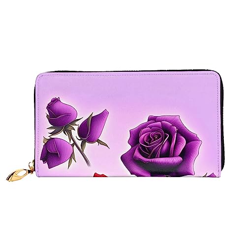 ZYVIA Rote und violette Rosen-Ledergeldbörse, lange Clutch-Geldbörse, weiches Material, Reißverschluss-Design, Anti-Verlust-Geld, 12 Bankkartenfächer, leicht, wasserdicht und langlebig für das von ZYVIA