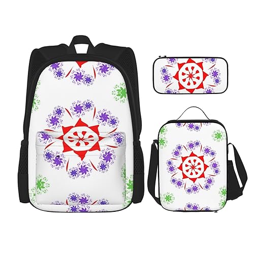 ZYVIA Rotierende lila Blumen 3-teilige Tasche Rucksack Mittagessen Tasche und Bleistift Beutel Set Stark und Verschleißfest Große Kapazität für Schulen Bergsteigen Training, Schwarz , Einheitsgröße von ZYVIA