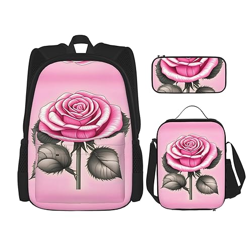 ZYVIA Schöne rosa Rosen 3-teilige Tasche Rucksack Mittagessen Tasche und Bleistift Beutel Set Stark und Verschleißfest Große Kapazität für Schulen Bergsteigen Training, Schwarz , Einheitsgröße von ZYVIA