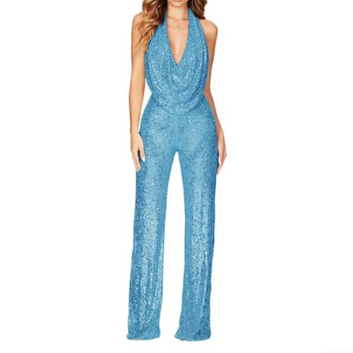 Ärmelloser Pailletten-Jumpsuit mit V-Ausschnitt, stilvolles Design mit weitem Bein, perfekt für Abendgarderobe und Feiern (Größe M, Hellblau) von ZYWUOY
