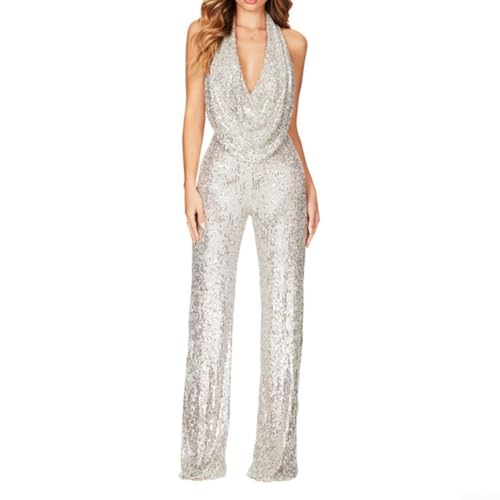 Ärmelloser Pailletten-Jumpsuit mit V-Ausschnitt, stilvolles Design mit weitem Bein, perfekt für Abendgarderobe und Feiern (Größe S, Silber) von ZYWUOY