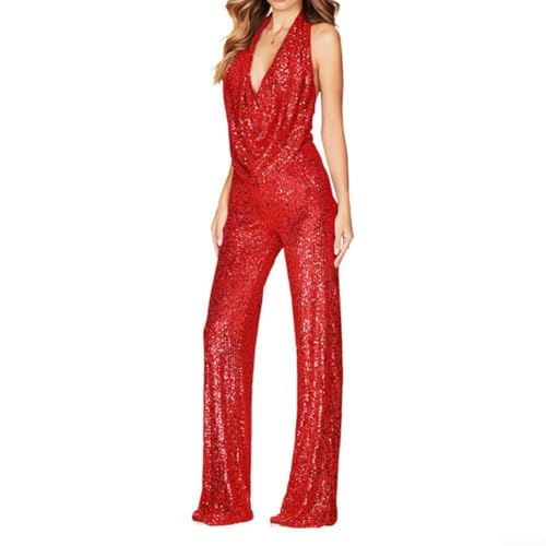 Ärmelloser Pailletten-Jumpsuit mit V-Ausschnitt, stilvolles Design mit weitem Bein, perfekt für Abendgarderobe und Feiern (S, Rot) von ZYWUOY